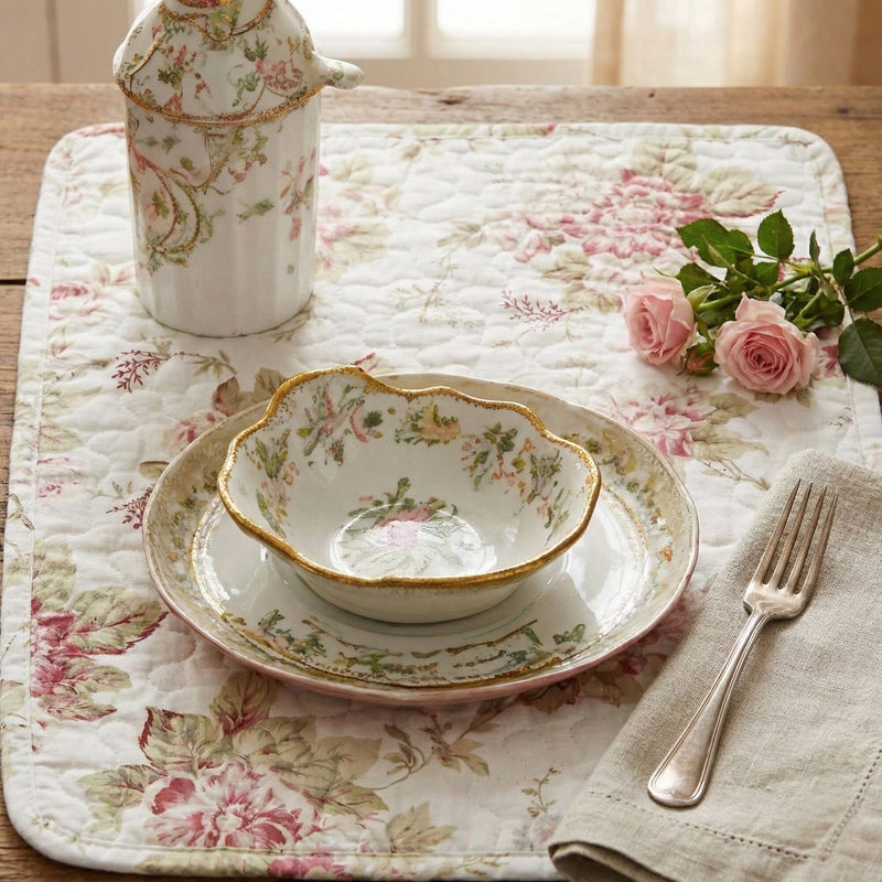 DaDa Bedding Set of 4-Pieces Dainty Cottage Floral Roses Quilted Cotton Dining Table Placemats 13” x 19” (3036)
