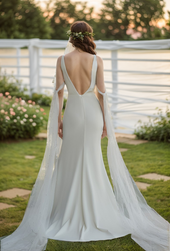 V-neck Low back wide straps Mermaid Satin wedding dress with beaded soft tulle ribbon
