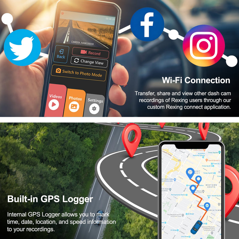 Rexing V1P Max 4K UHD Dual Channel Dash Cam 4K 3840×2160 Front + 1080p Rear with Wi-Fi and GPS
