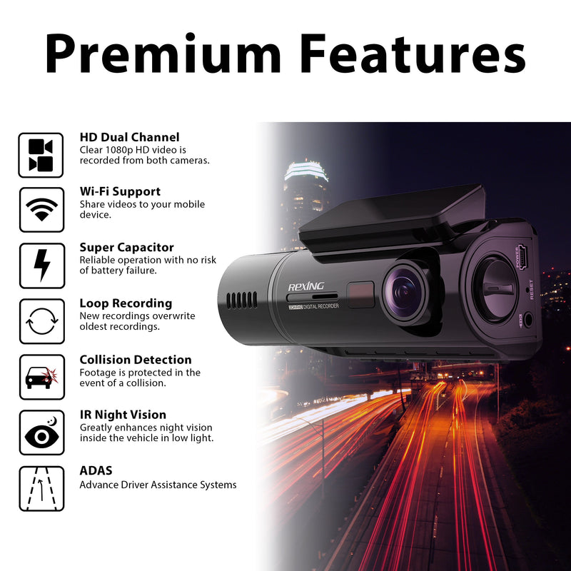Rexing V3C Dual Camera Front and Inside Cabin Full HD 1080p Dash Cam with WiFi