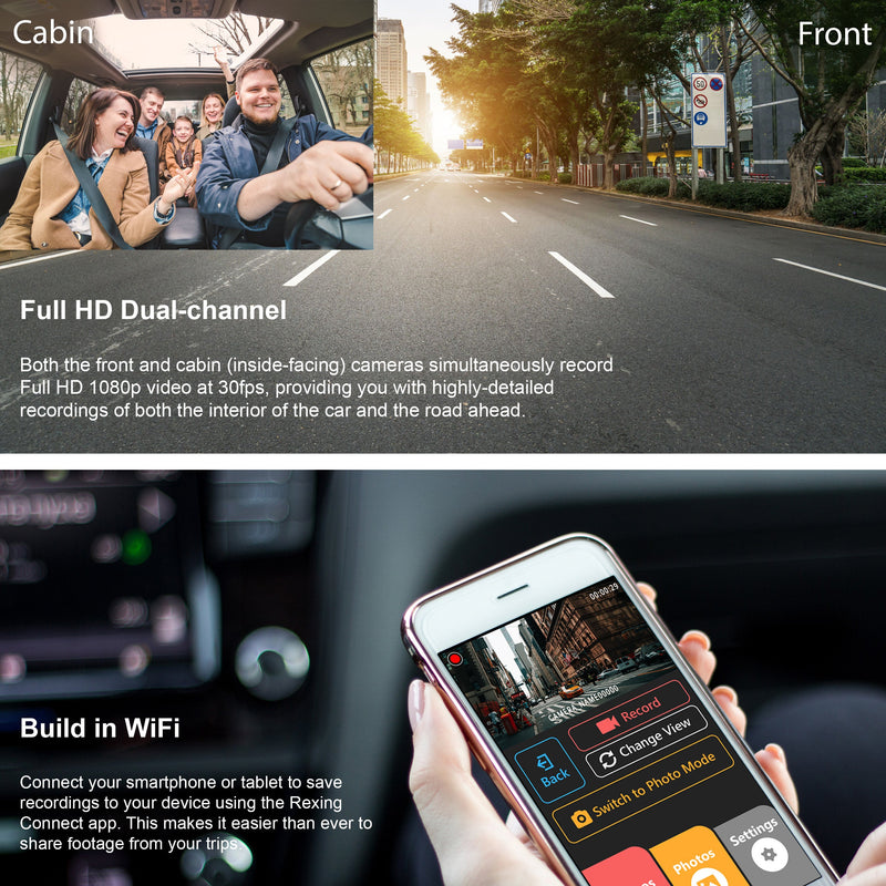 Rexing V3C Dual Camera Front and Inside Cabin Full HD 1080p Dash Cam with WiFi