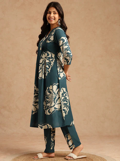 A-Line Teal Floral Printed Cotton Stitched Kurta Set
