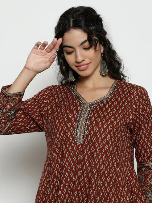 Ajrak Anarakali Maroon Cotton Stitched Kurta, Palazzo With Dupatta