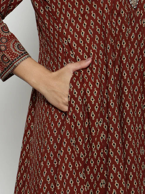 Ajrak Anarakali Maroon Cotton Stitched Kurta, Palazzo With Dupatta