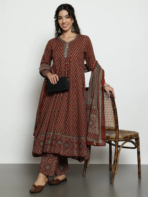 Ajrak Anarakali Maroon Cotton Stitched Kurta, Palazzo With Dupatta
