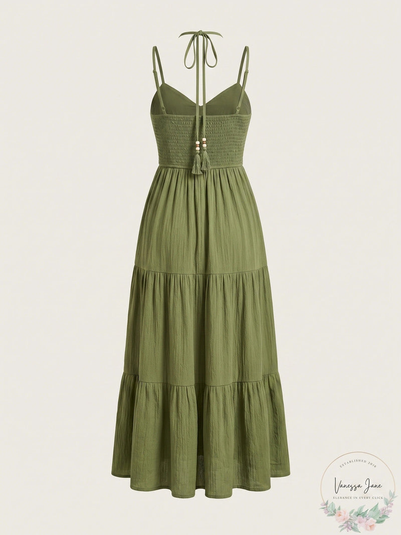 Cupshe Womens Olive Green Notched Neck Halter MIDI Beach Dress, Medium