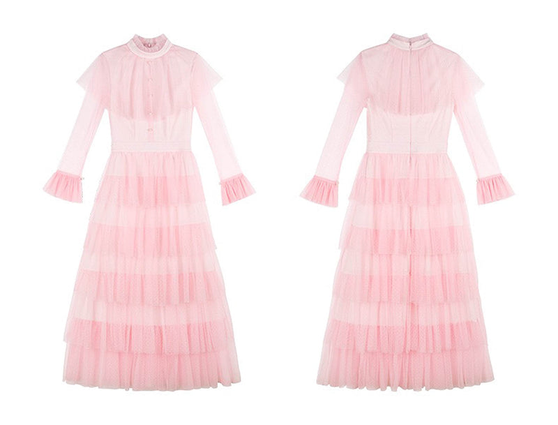 Vintage high neck Layered Ruffle tutu Skirt tulle prom dress with sleeves