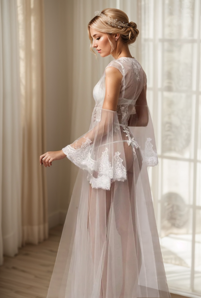Pearl Beaded Lace Hem Long Robe with Satin Nightgown