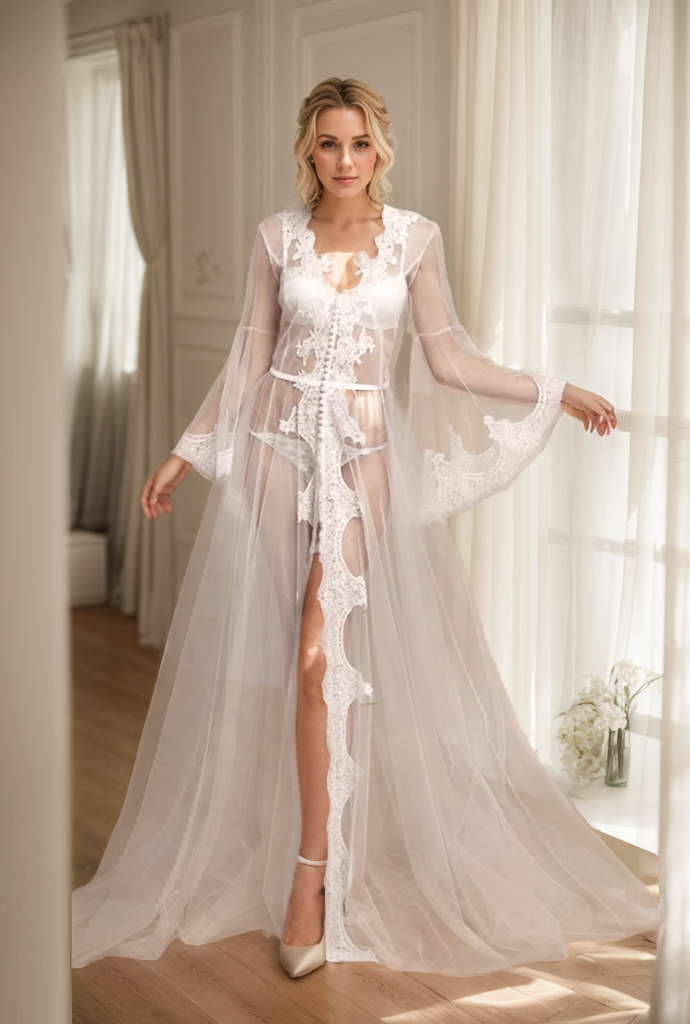 Pearl Beaded Lace Hem Long Robe with Satin Nightgown