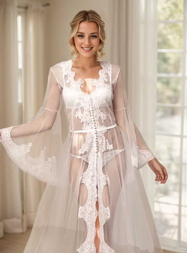 Pearl Beaded Lace Hem Long Robe with Satin Nightgown