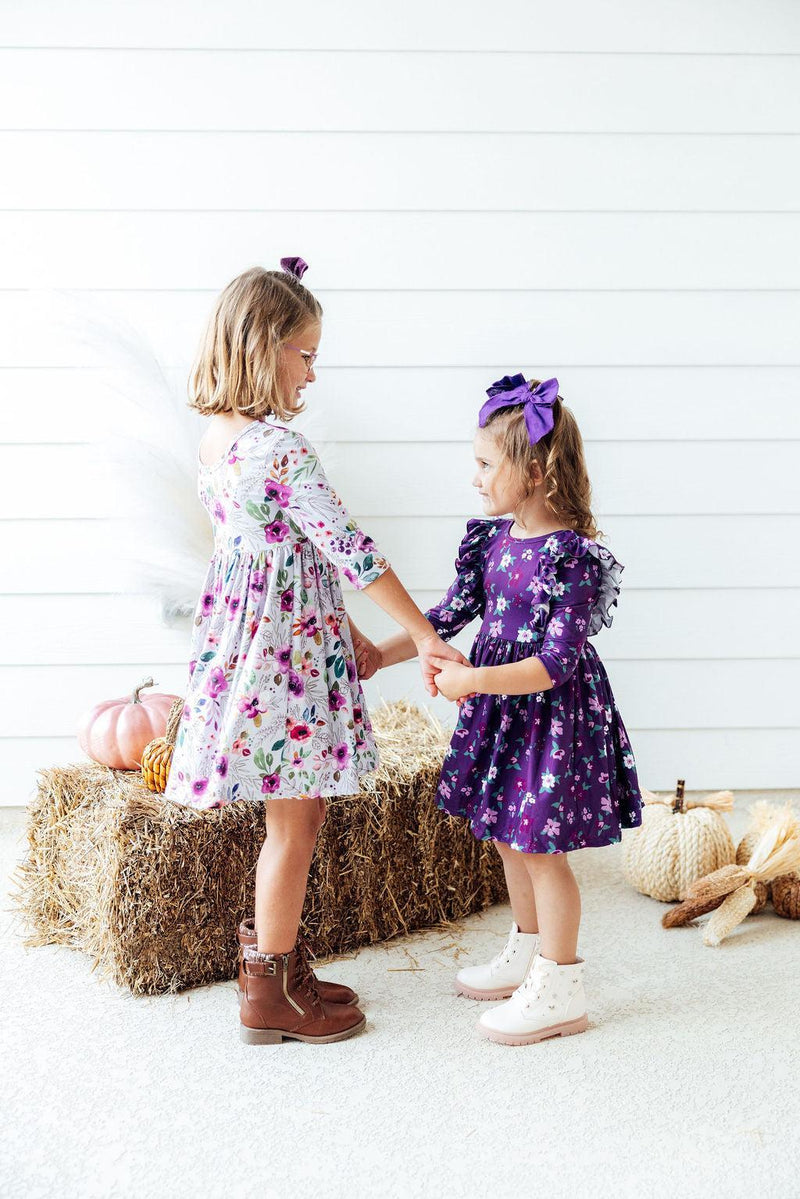 SALE Violets in Bloom 3/4 Sleeve Ruffle Twirl Dress