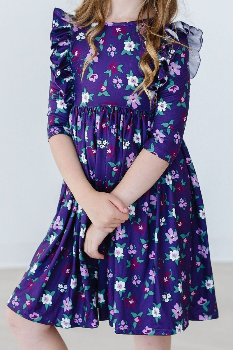 SALE Violets in Bloom 3/4 Sleeve Ruffle Twirl Dress