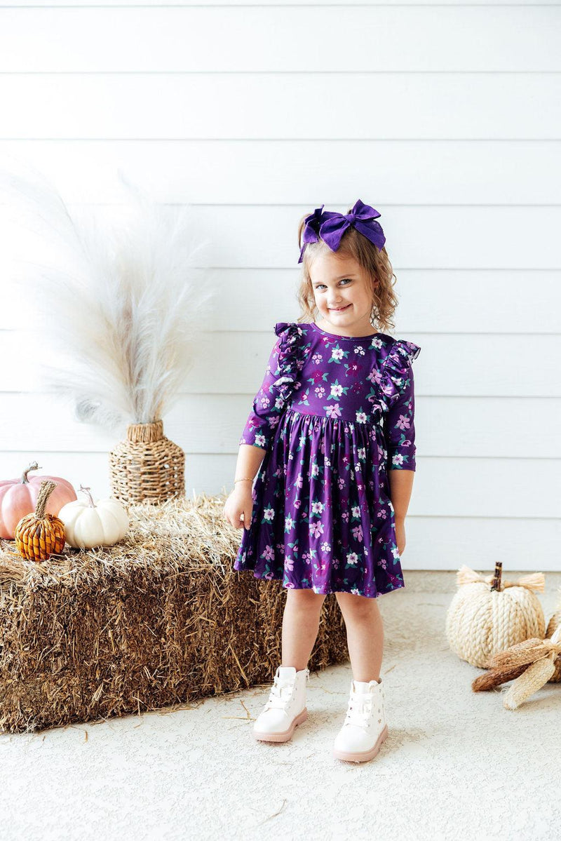 SALE Violets in Bloom 3/4 Sleeve Ruffle Twirl Dress
