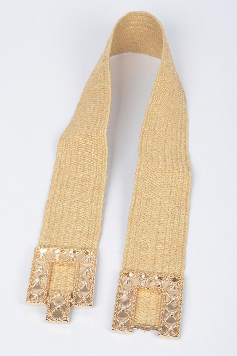Rhinestone Buckle Stretch Straw Belt