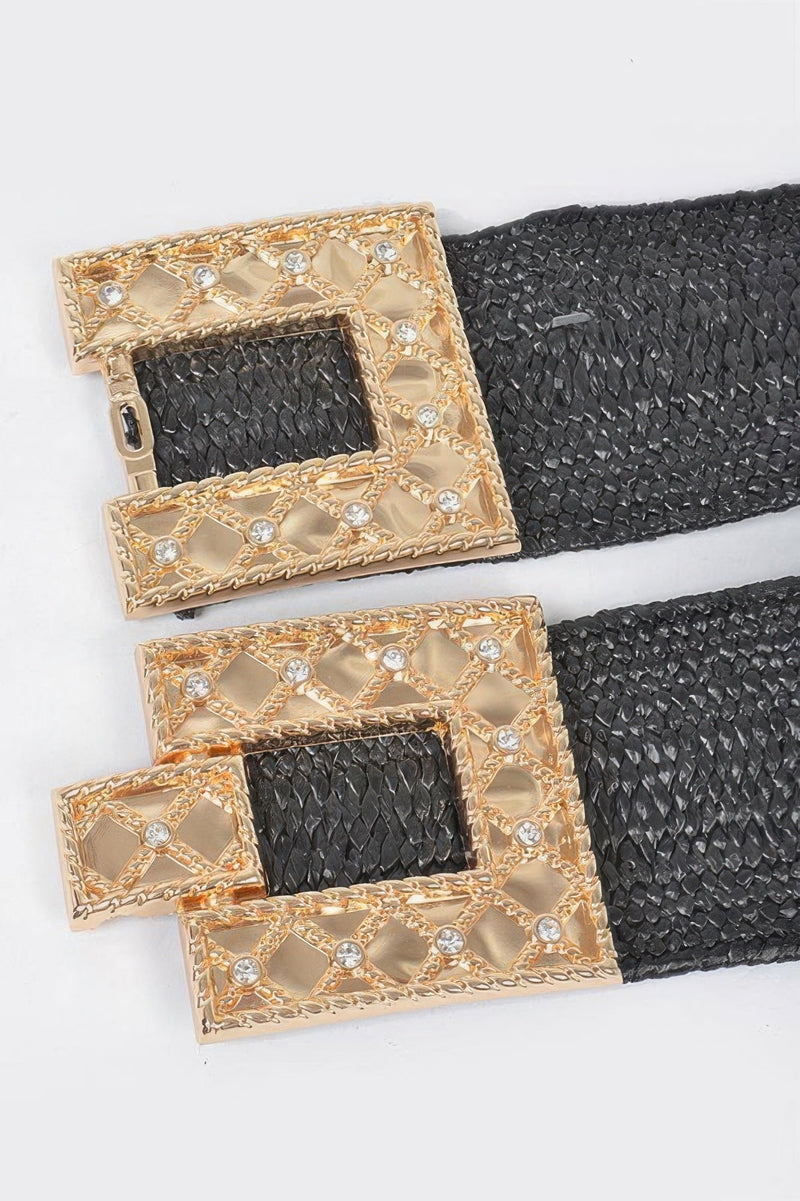 Rhinestone Buckle Stretch Straw Belt
