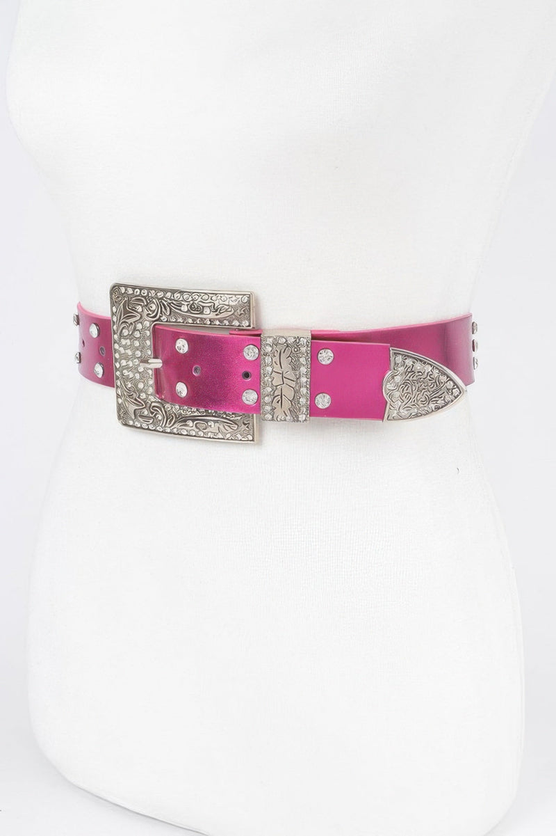 Rhinestone Buckle Metallic Belt W/stones