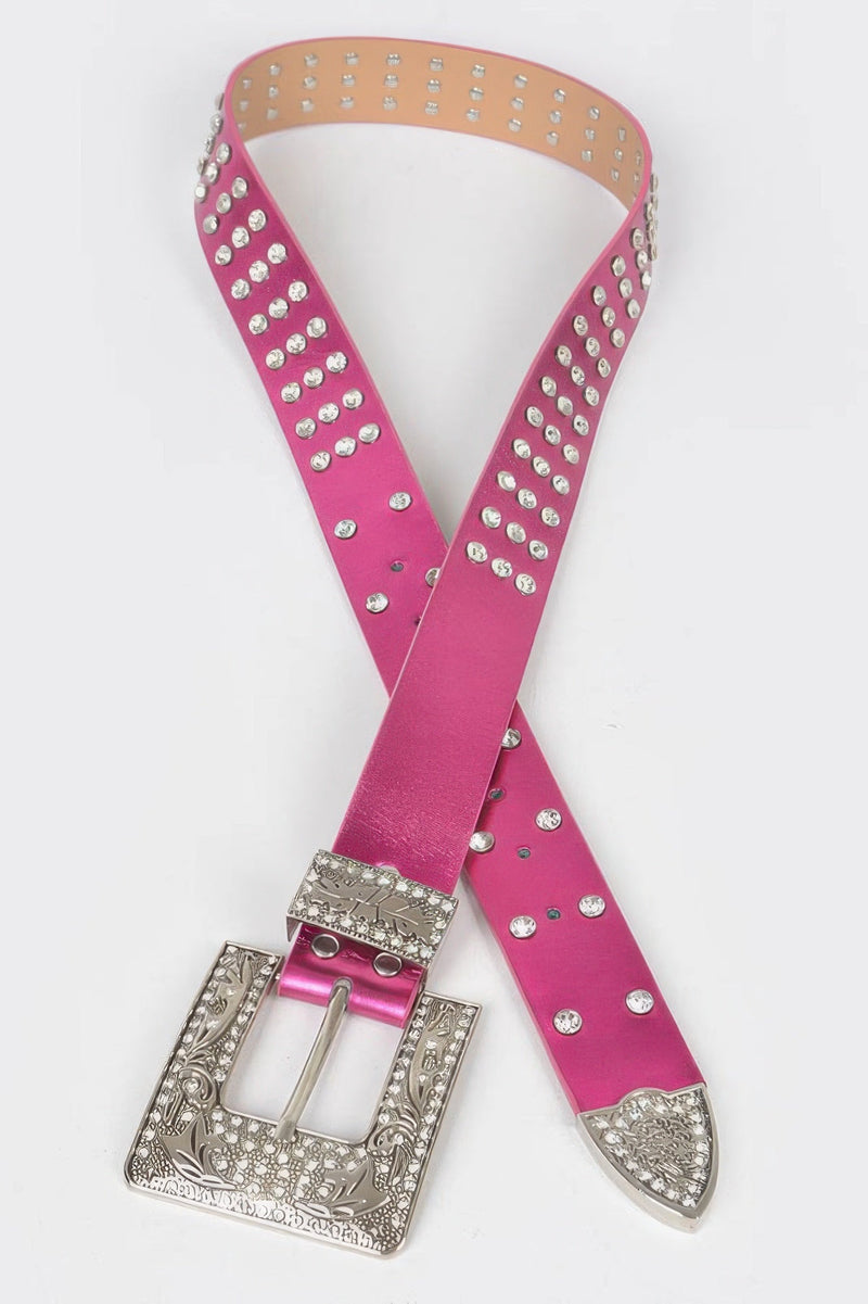 Rhinestone Buckle Metallic Belt W/stones