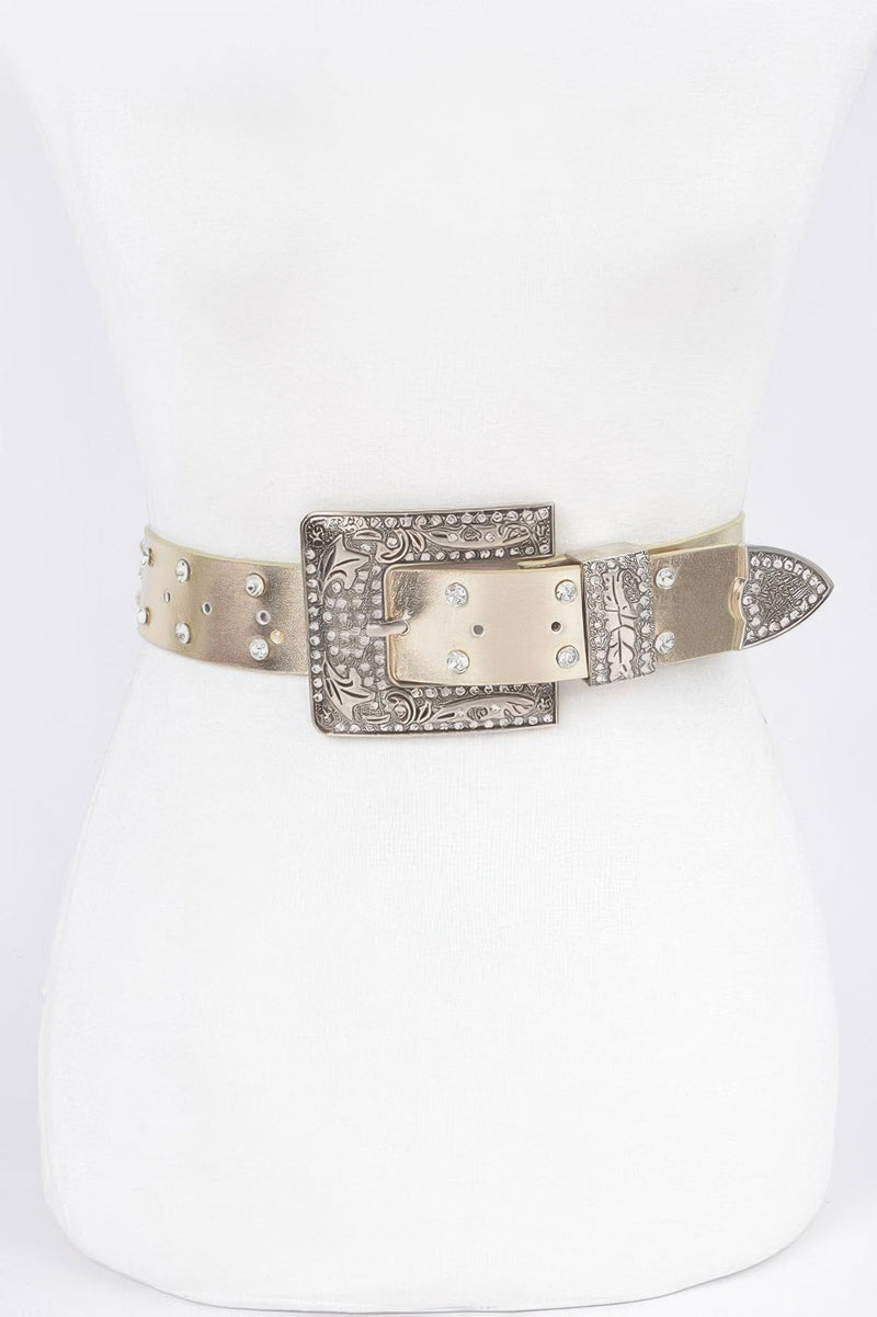 Rhinestone Buckle Metallic Plus Size Belt W/chain