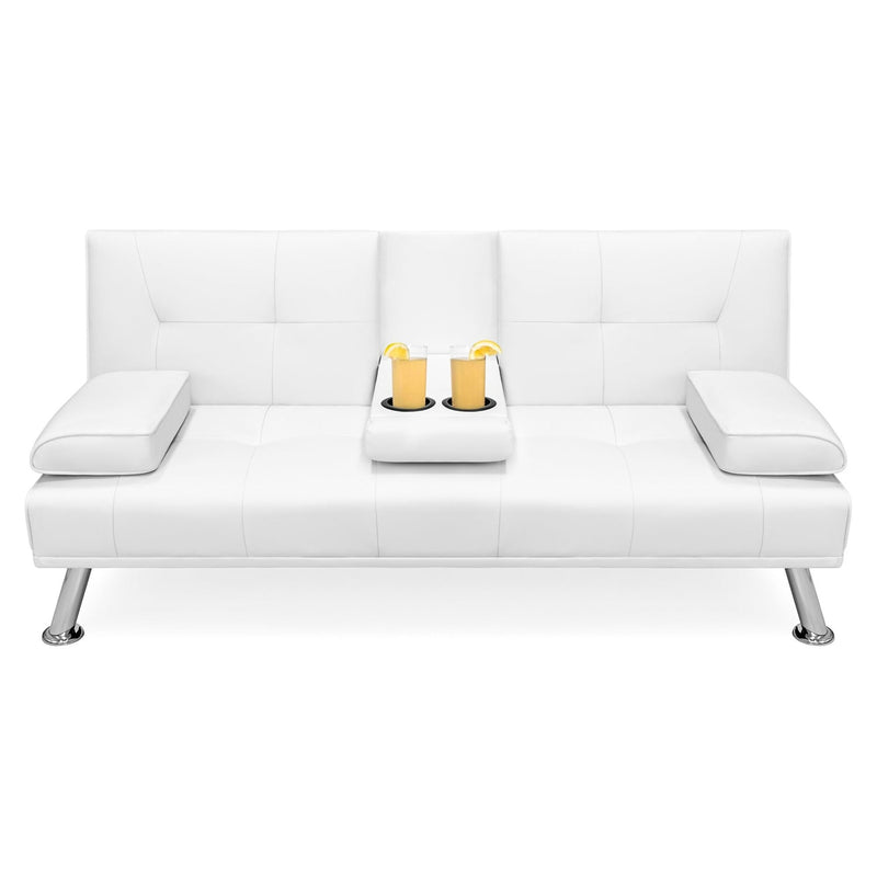 White Faux Leather Convertible Sofa Futon with 2 Cup Holders