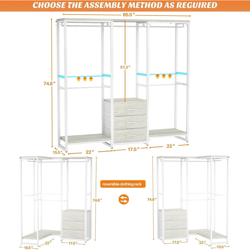 Heavy Duty White Metal Freestanding Garment Rack Closet Wardrobe with 3 Drawers