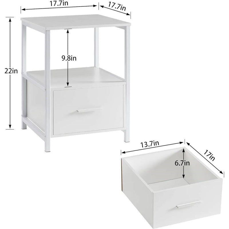 Set of 2 - Modern White Metal Wood Side End Table Nightstand with Storage Drawer