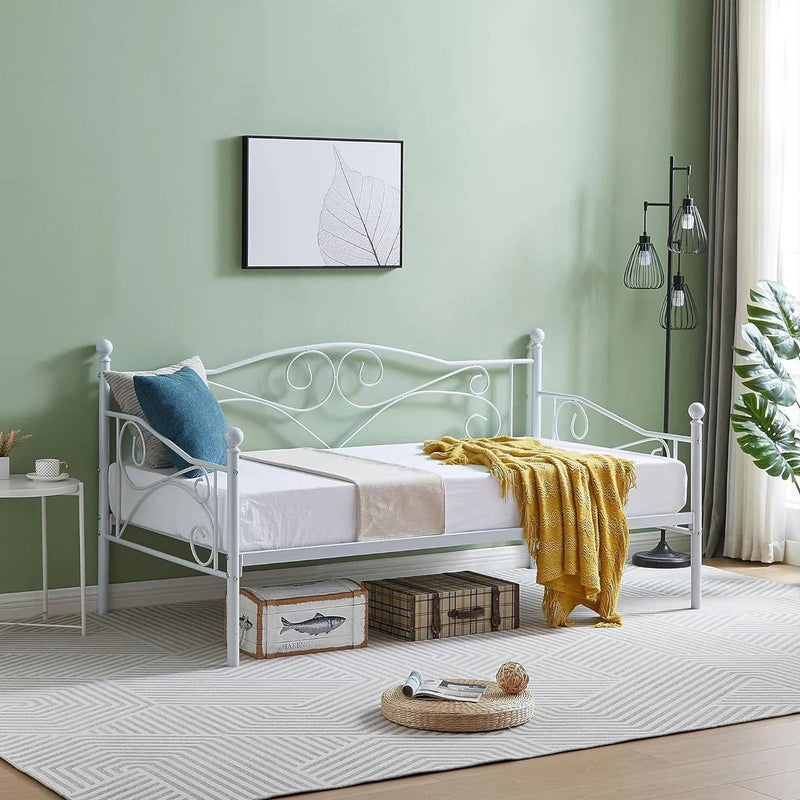 Twin size Classic Heavy Duty Steel Day Bed Frame in White Metal Finish