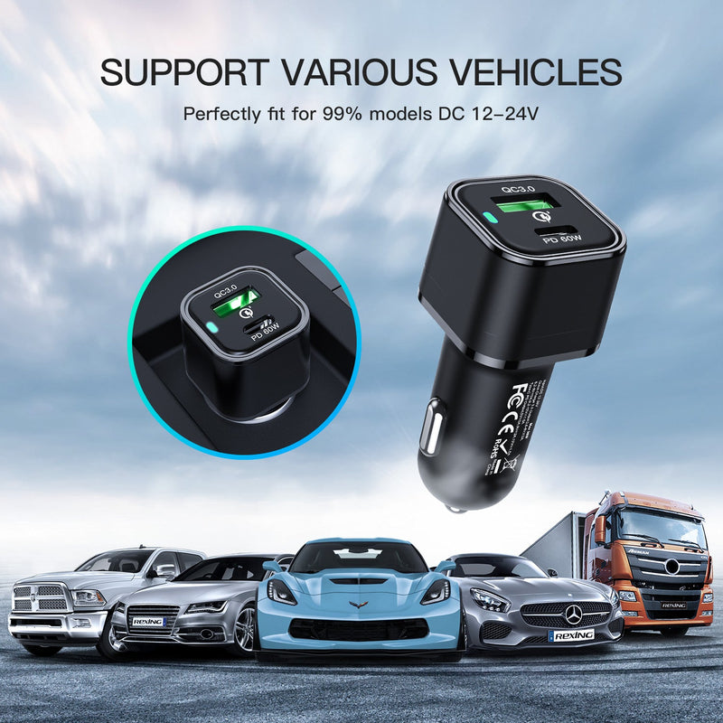 REXING JETSPEED Black 78W PowerDelivery+ USB-C/USB Car Charger with Cables