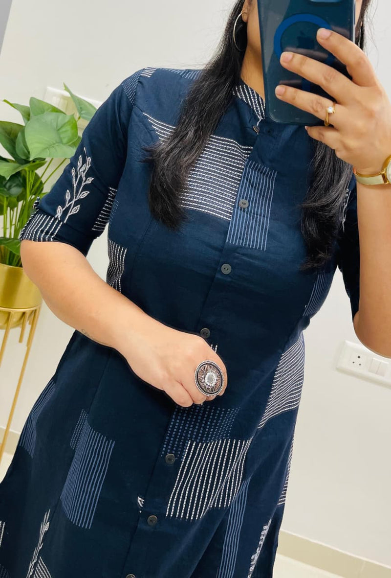Dark Blue Designer Cotton Princess Cut A-Line & Culottes Abstract Print Co-ord Set