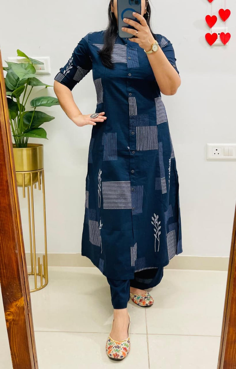 Dark Blue Designer Cotton Princess Cut A-Line & Culottes Abstract Print Co-ord Set