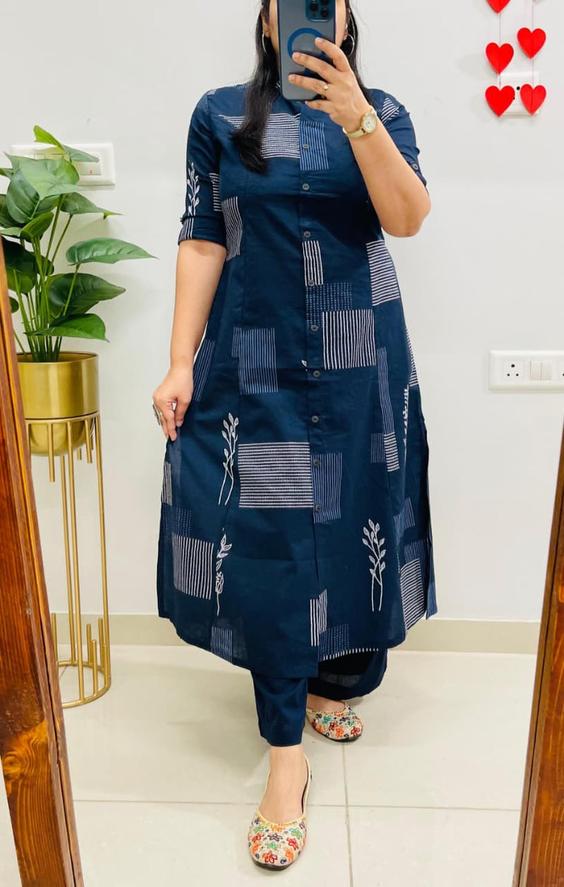Dark Blue Designer Cotton Princess Cut A-Line & Culottes Abstract Print Co-ord Set