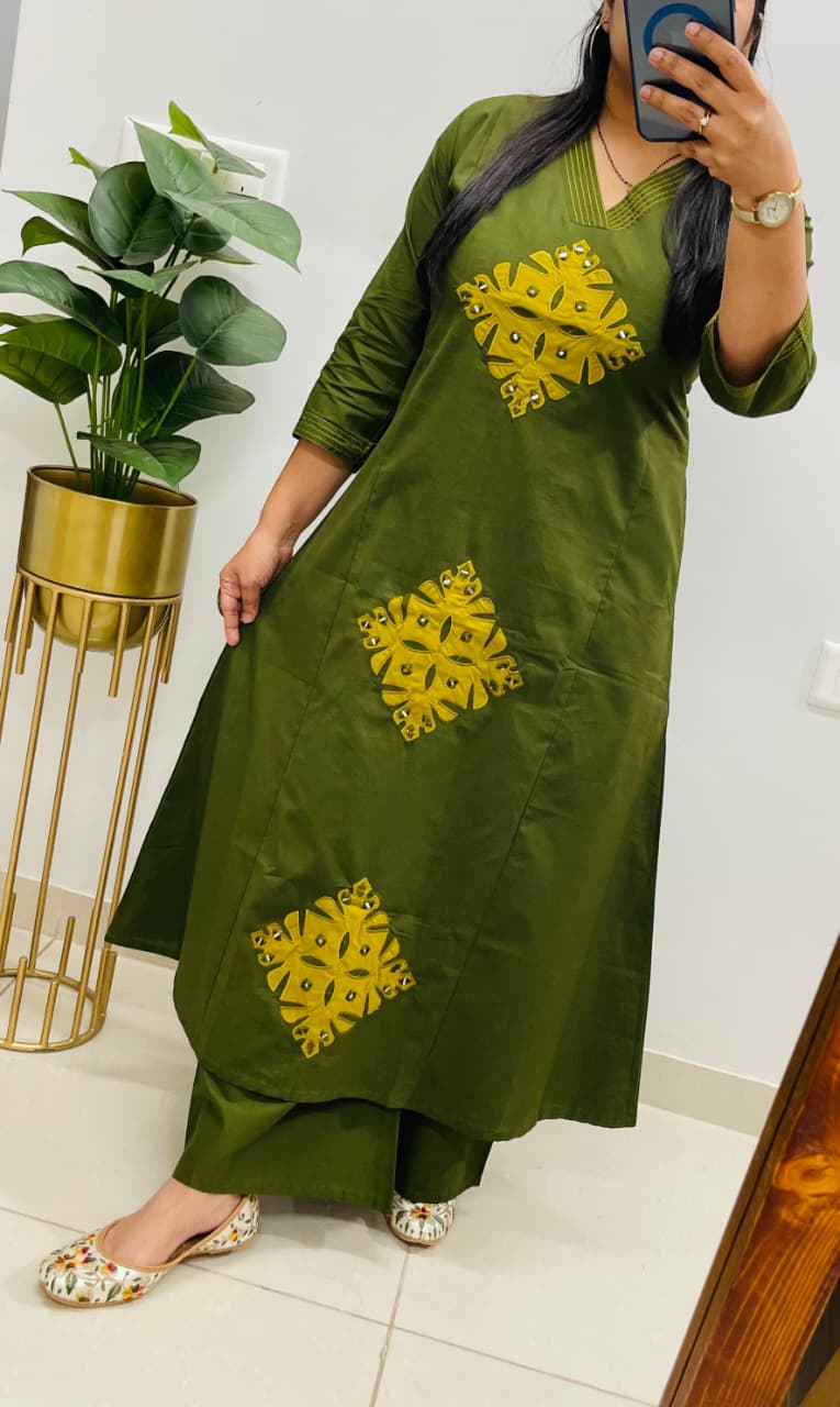 Designer Dhabu Cotton A-Line Kurti with Mirror Work & Palazzo Pants