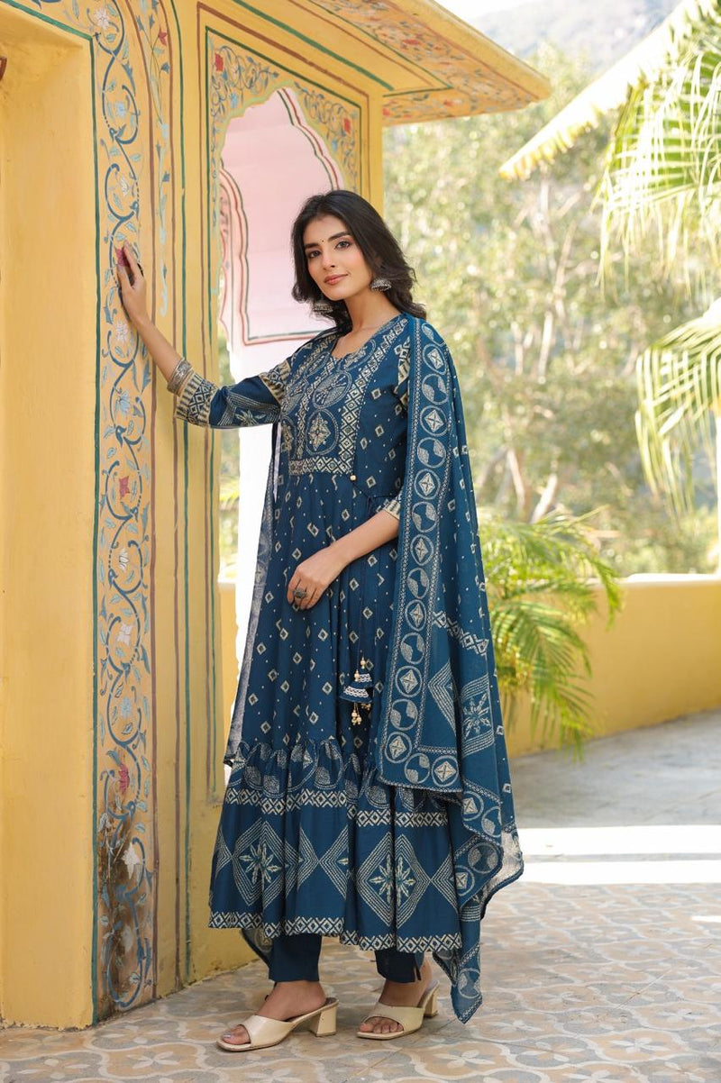 Block-Print Indian Flare Anarkali Ethic Cotton Suit