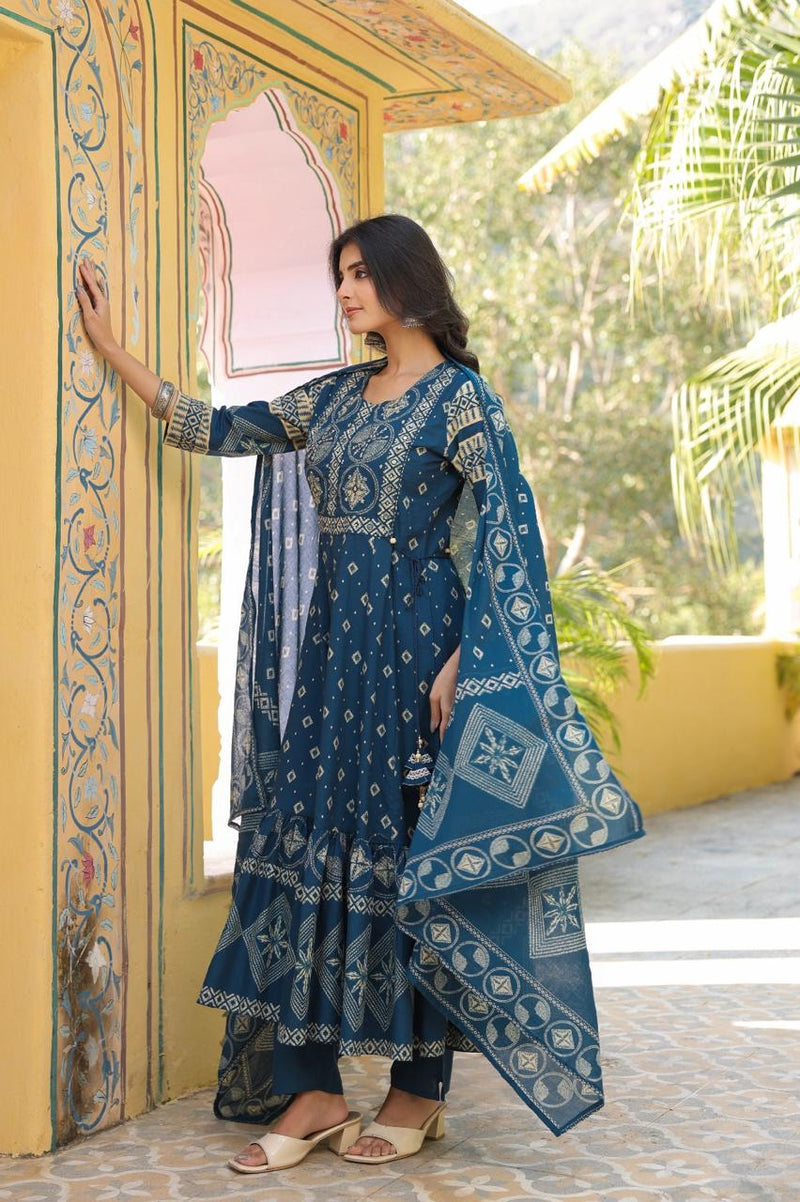 Block-Print Indian Flare Anarkali Ethic Cotton Suit