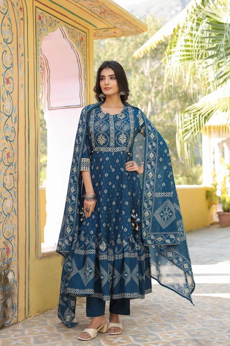 Block-Print Indian Flare Anarkali Ethic Cotton Suit