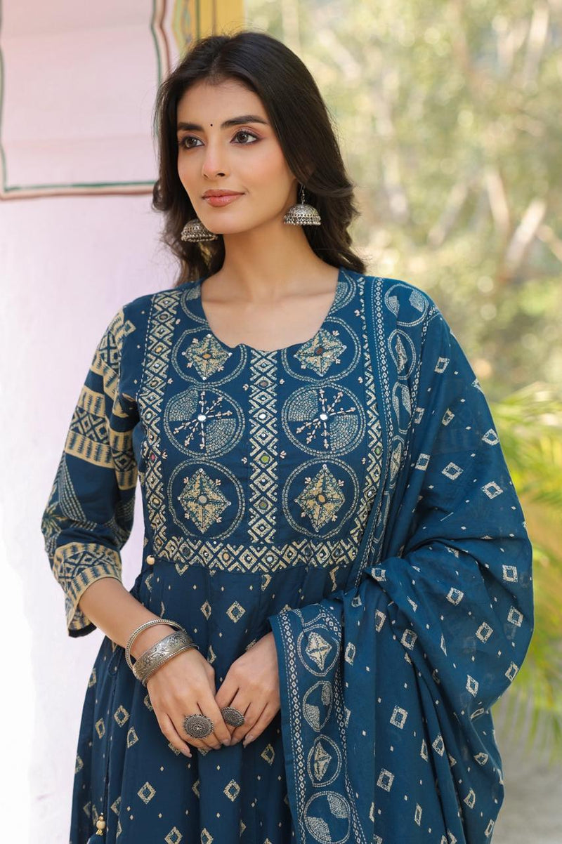 Block-Print Indian Flare Anarkali Ethic Cotton Suit