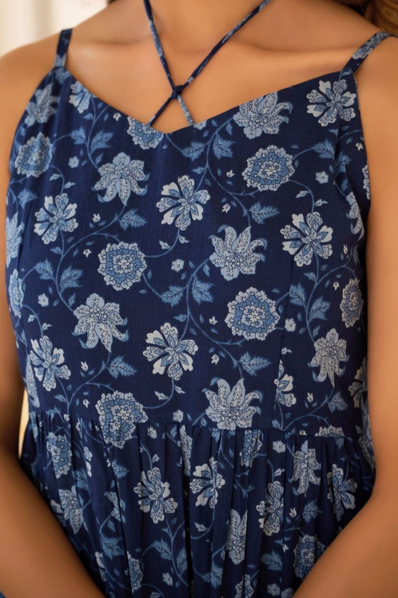 Blue Floral Print Fit Cotton Flare Dress