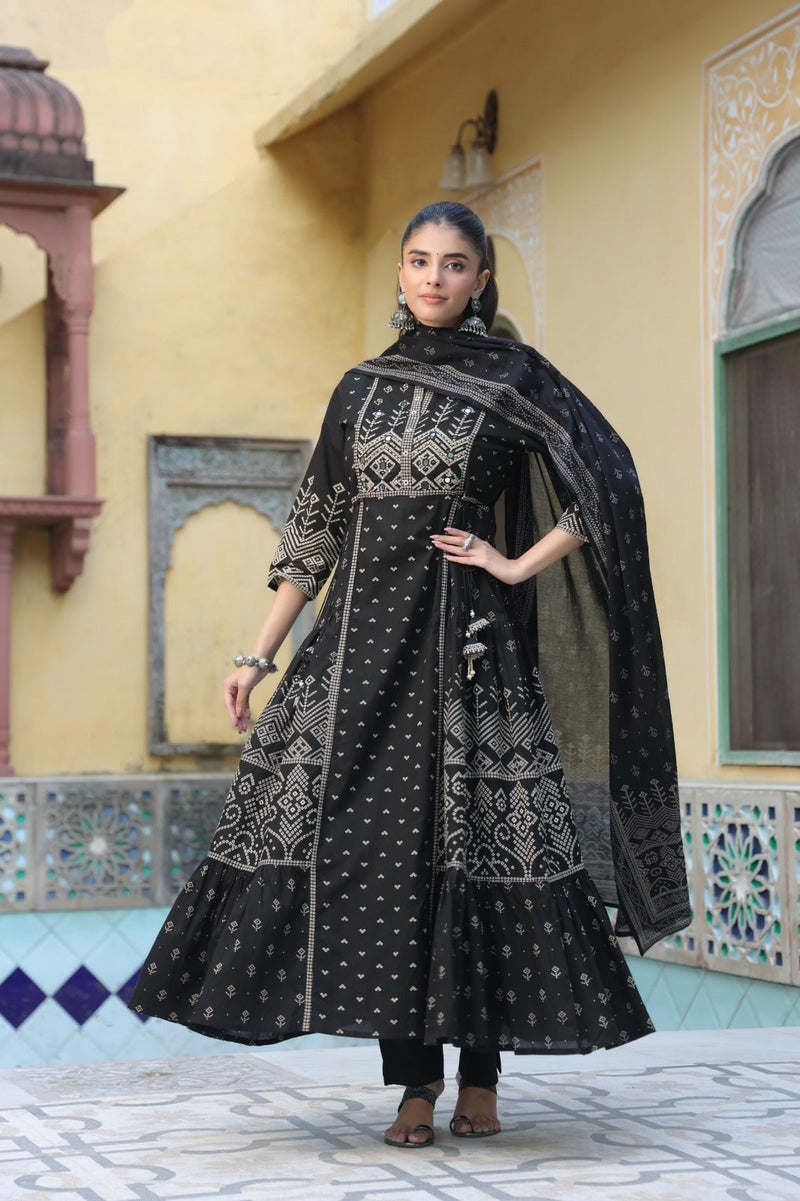 Black Cotton Anarkali Kurta Set with Dupatta - Ethnic Printed A-Line Long Tunic with Trousers for Women - Traditional Festive Wear