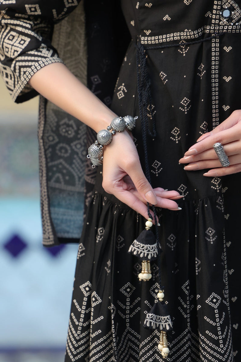 Black Cotton Anarkali Kurta Set with Dupatta - Ethnic Printed A-Line Long Tunic with Trousers for Women - Traditional Festive Wear