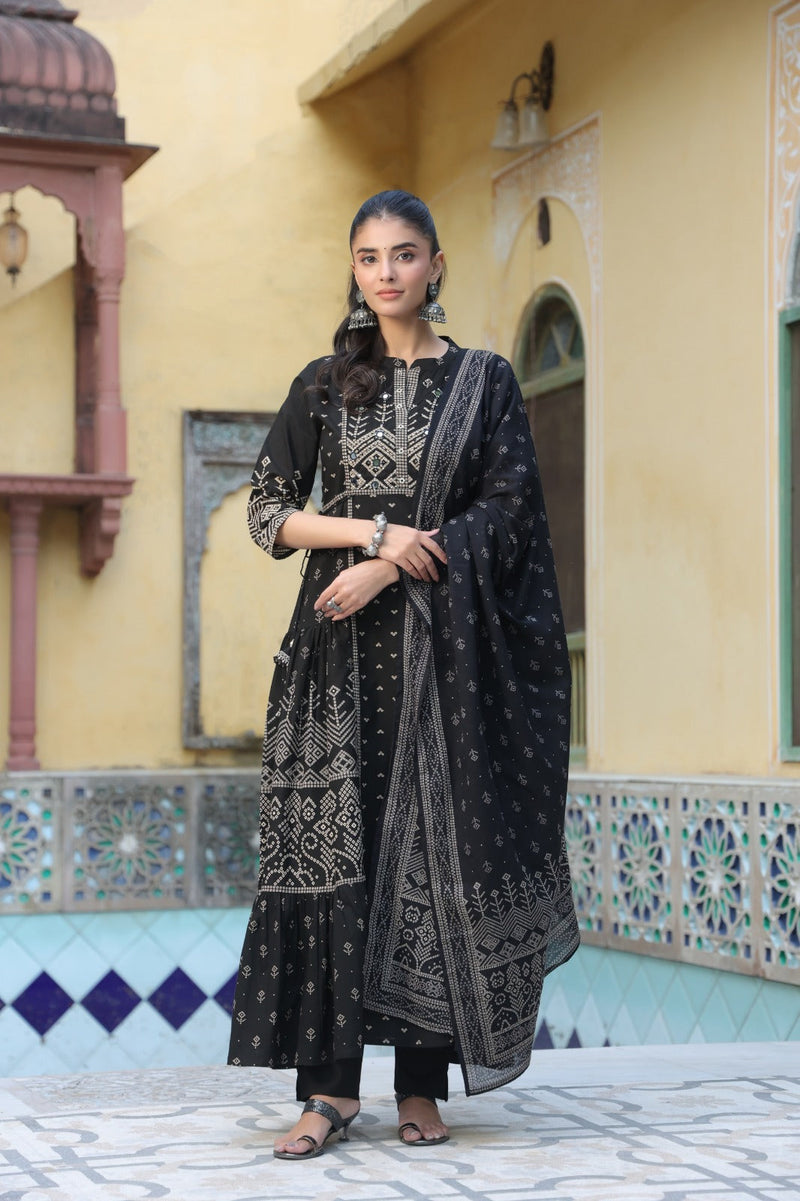 Black Cotton Anarkali Kurta Set with Dupatta - Ethnic Printed A-Line Long Tunic with Trousers for Women - Traditional Festive Wear