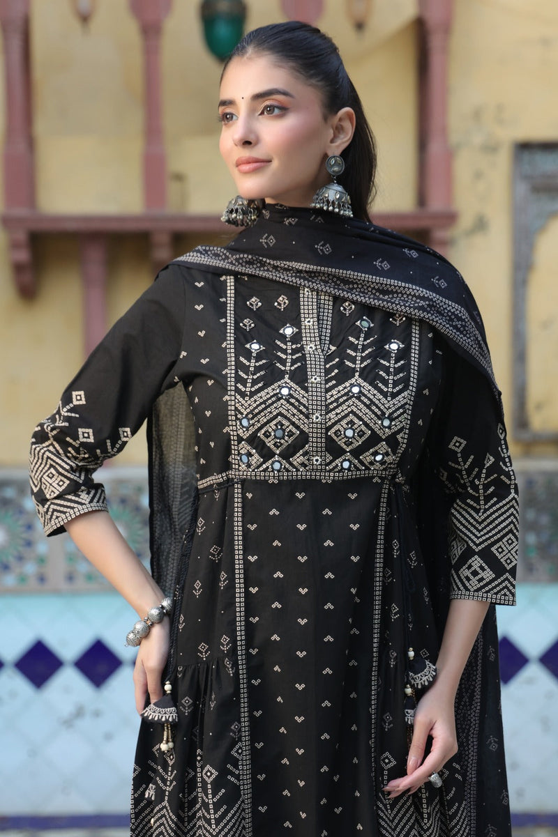 Black Cotton Anarkali Kurta Set with Dupatta - Ethnic Printed A-Line Long Tunic with Trousers for Women - Traditional Festive Wear
