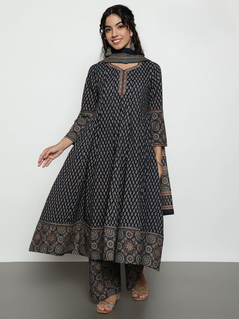 Black Ajrak  Cotton Stitched Anarakali Kurta, Palazzo With Dupatta