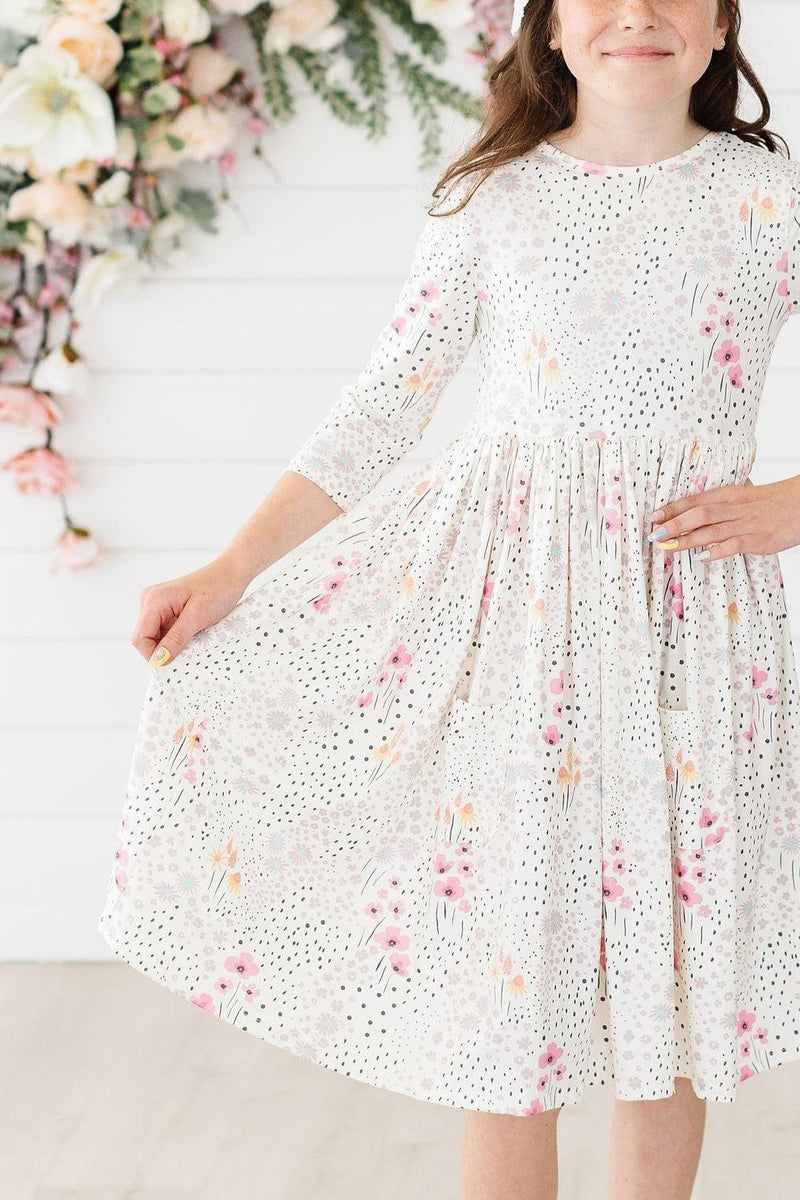 SALE Whimsical Wildflowers 3/4 Sleeve Pocket Twirl Dress