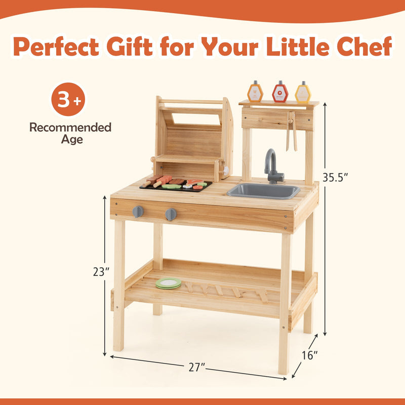Wooden Barbecue Grill Playset with Play Food and Open Shelves-Natural
