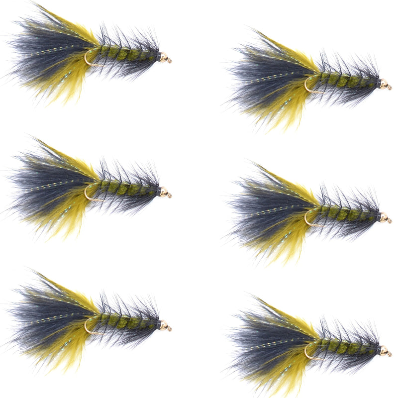 Olive Black Bead Head Crystal Woolly Bugger Streamer Fliy - 6 Flies - Size 4