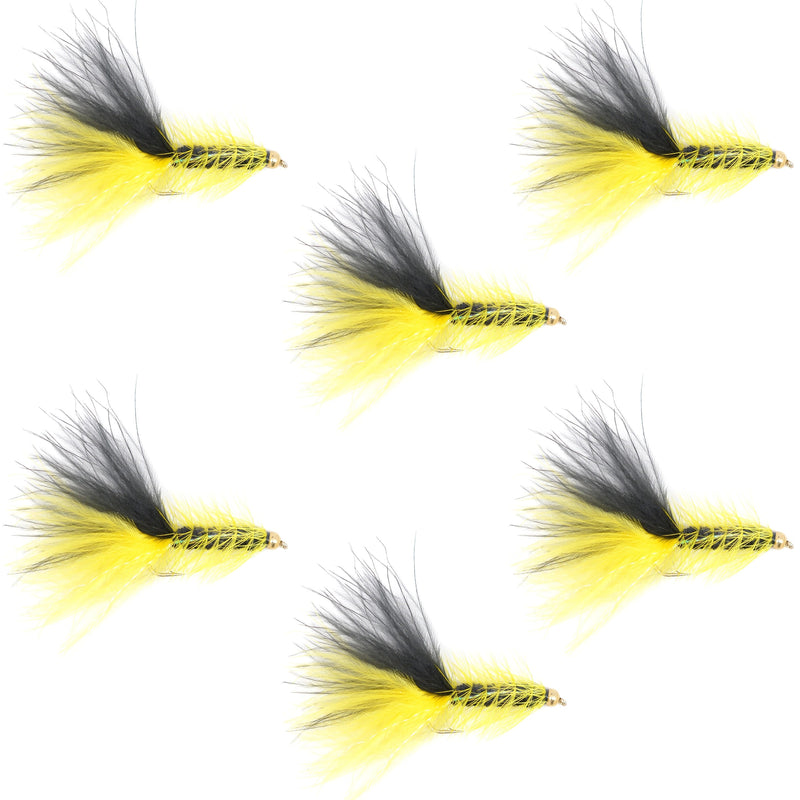 Yellow Black Bead Head Crystal Woolly Bugger Streamer - 6 Flies Size 4