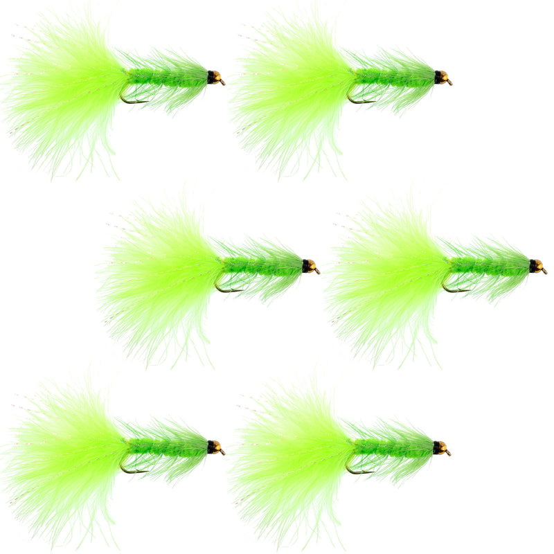 Chartreuse Bead Head Crystal Woolly Bugger Streamer Fly - 6  Flies Size 8