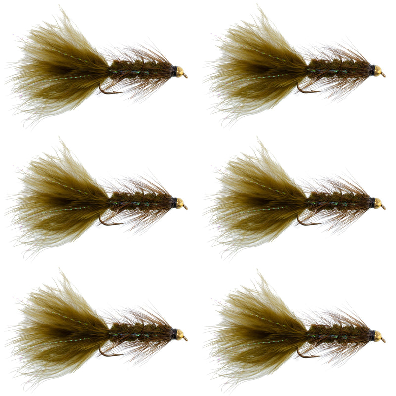 Dark Olive Bead Head Crystal Woolly Bugger Streamer Fly - 6 Flies - Size 4