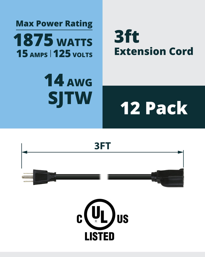 3ft Short Power Extension Cord – 14AWG, 12-Pack