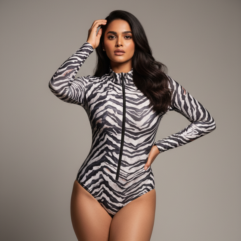 Zipper Swimsuit with Sleeves / Bodysuit / ZEBRA