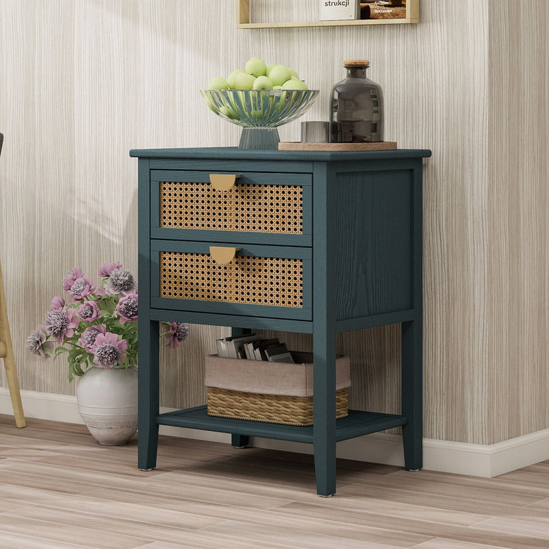 2 Drawer Side Table, Natural Rattan